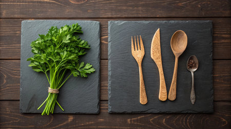 Bunch of fresh parsley on black slate plate with spoon and fork on wooden backgroundの素材