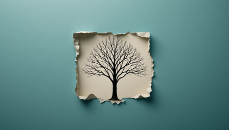 Hole in paper with tree on blue background. 3d illustrationの素材