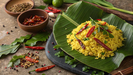 Thai spicy fried rice served on banana leaf, Thai food.の素材
