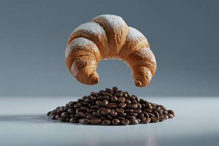 Croissant and coffee beans on a gray background. 3d renderingの素材