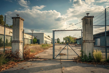 Abandoned and abandoned industrial area with rusty metal fence and blue skyの素材