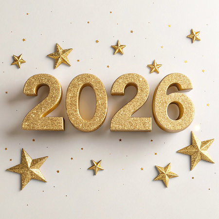 Happy New Year 2026 Gold numbers and stars on a white background. 3D illustrationの素材