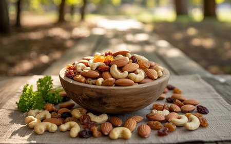Mix of nuts in a bowl on a wooden table in the parkの素材
