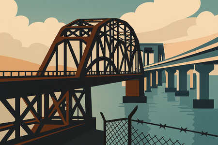 Railway bridge over the river. Vector illustration in retro style.の素材