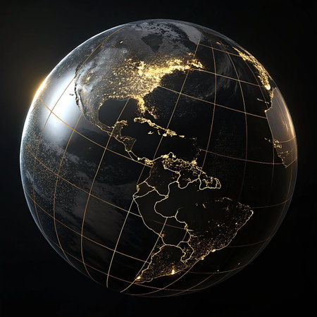 Globe with glowing world map on dark background. 3D renderingの素材