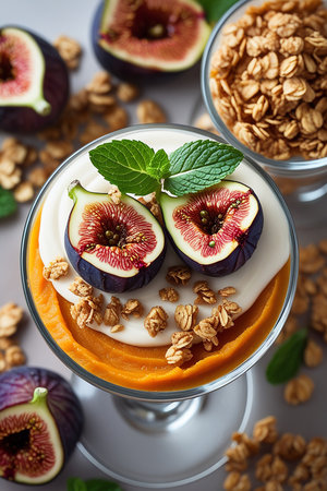 Greek yogurt parfait with fresh figs, granola and mintの素材