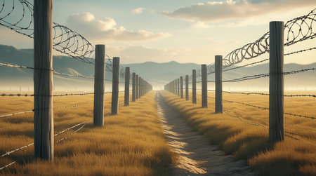 Fence with barbed wire in the desert. 3d renderの素材