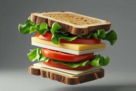 Sandwich with cheese, tomato and lettuce on a gray background.の素材