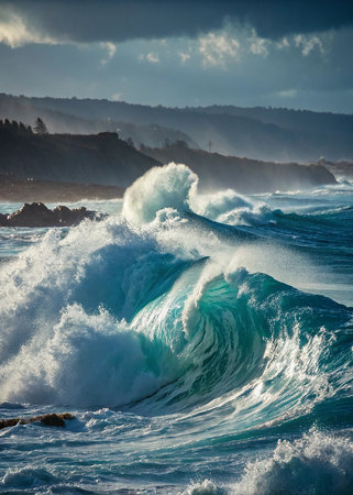 Big wave breaking on the rocks in the Atlantic Ocean, Portugal.の素材