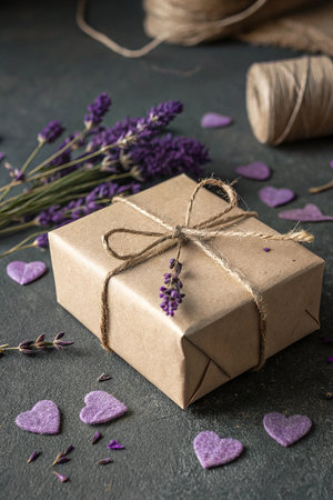 Gift box wrapped in kraft paper, tied with twine and lavender flowers on dark backgroundの素材