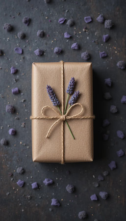 Gift box with lavender flowers on dark background, top viewの素材