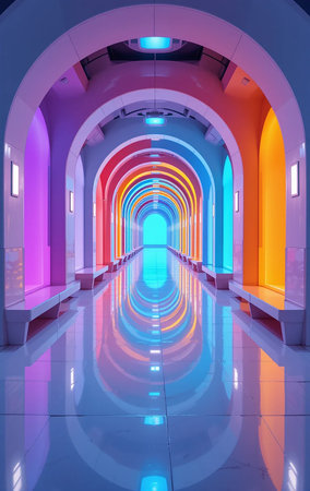 Illuminated corridor in modern office building with blue and orange lightsの素材