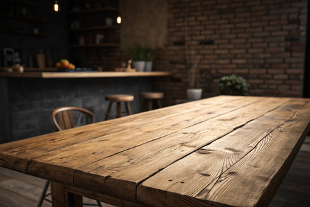 Empty wooden table and chair in cafe. Ready for product display montageの素材