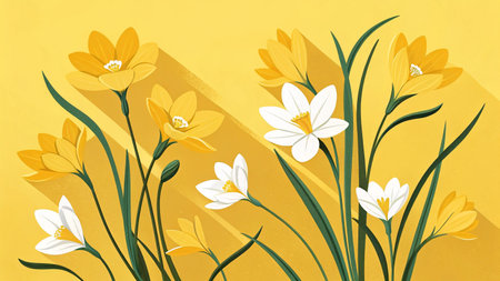 Spring flowers crocus on a yellow background. Vector Illustration.の素材