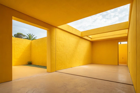 Modern house interior with yellow walls and concrete floor. View from the terraceの素材
