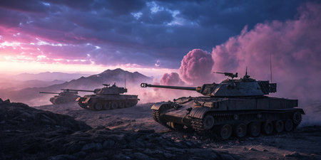 War Concept. Military silhouettes fighting scene on war fog sky background, World War Soldiers Silhouettes Below Cloudy Skyline at sunset. Attack scene. Armored vehicles. 3D Renderingの素材