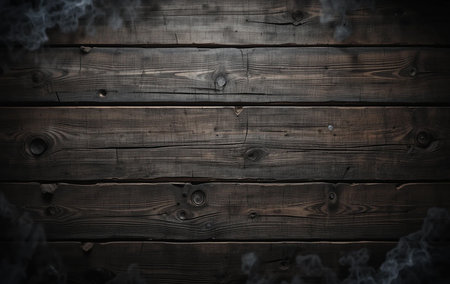 Wooden background with smoke and steam. Old wooden planks.の素材