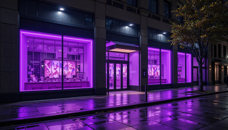 The entrance to the Victoria's Secret store at night. Victoria's Secret is the largest American retailer.の素材