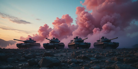 War Concept. Military silhouettes fighting scene on war fog sky background, World War Soldiers Silhouettes Below Cloudy Skyline at sunset. Attack scene.の素材