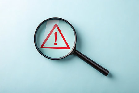 Magnifying glass with exclamation mark on blue background, top viewの素材