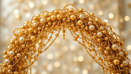 Close up of golden Christmas garland on a bokeh backgroundの素材