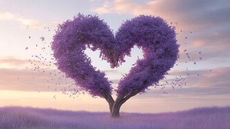 Heart shaped tree with purple flowers in the field. 3D renderingの素材