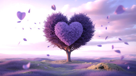 Heart shape tree in the meadow. Valentine's day background.の素材