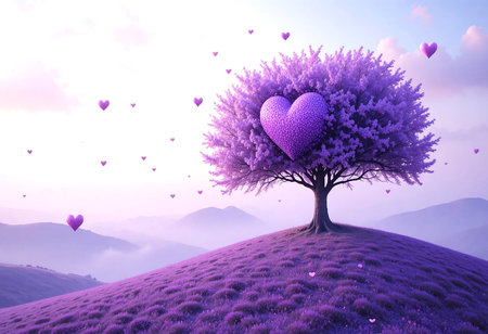 Valentine's day background with heart shaped tree and purple flowersの素材