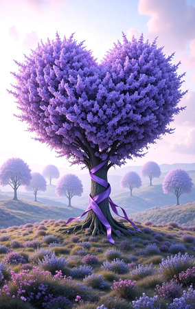 Heart shaped tree in the lavender field. 3D rendering.の素材