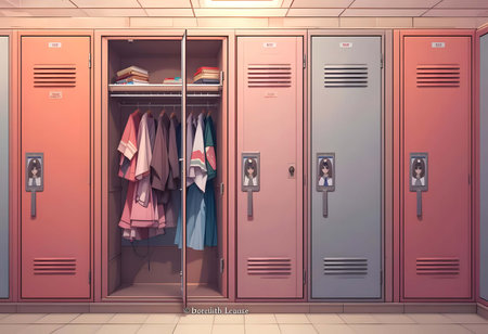 Locker or changing room with lockers and clothes. 3D renderingの素材