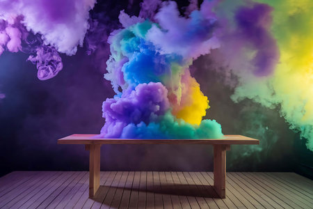3d rendering of a wooden bench with colorful smoke in the backgroundの素材