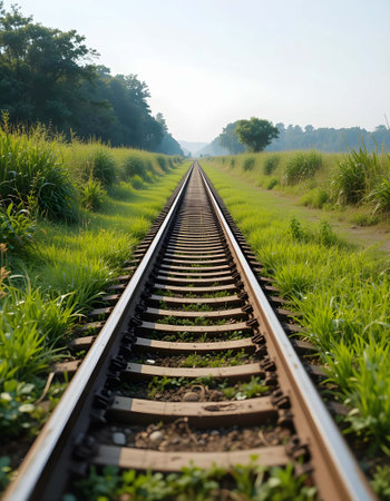 Railway tracks in the morning with fog and green grass background.の素材