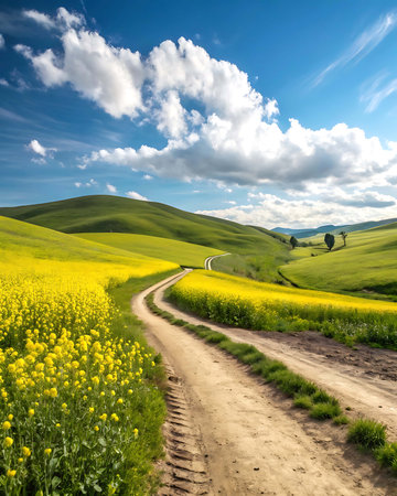 Tuscany landscape with road and blooming colza field.の素材