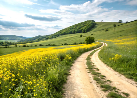 rural road with yellow flowers on the meadow in springtimeの素材