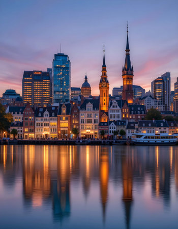 Cityscape of Frankfurt am Main at twilight, Germany. Long exposure.の素材