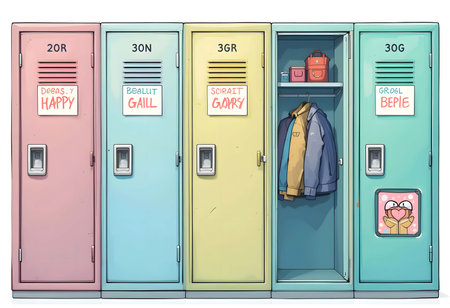 Illustration of a school lockers with clothes and accessories on a white backgroundの素材
