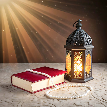 Ramadan Kareem greeting card. Ramadan Kareem lantern, book and rosaryの素材