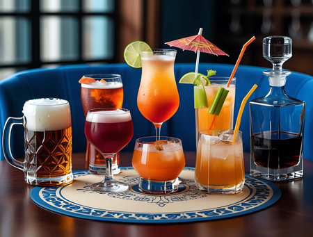 various alcoholic drinks on the table in the bar, shot in the studioの素材
