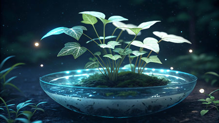 Futuristic plant growing in a glass bowl. 3d renderingの素材