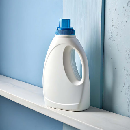 Plastic bottle of laundry detergent on shelf against blue wall backgroundの素材