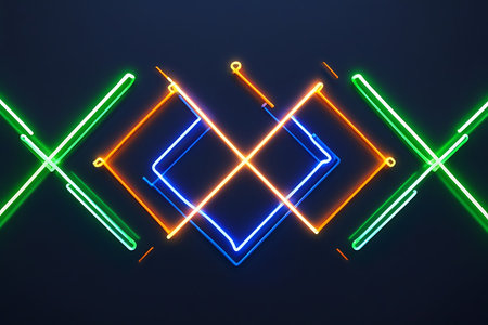 Colorful neon lines on a dark background. 3d rendering.の素材