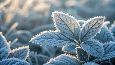 Frost on the leaves of plants in the rays of the rising sunの素材