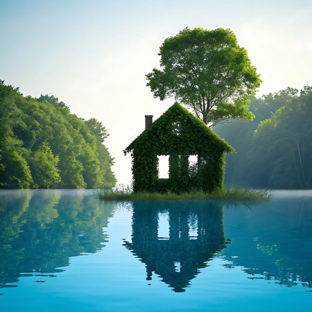 House in the forest and reflection in the water. 3d renderの素材