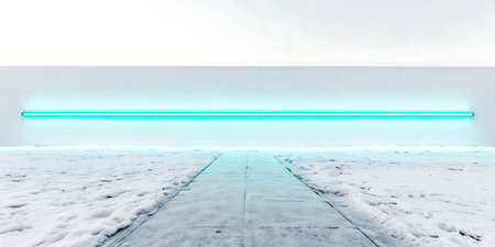 3D rendering of a bright illuminated corridor with snow on the floorの素材