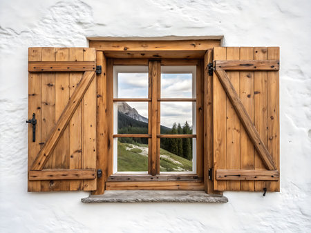 Wooden window on a white wall in the Dolomites, Italyの素材