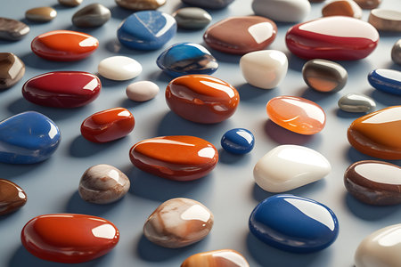 Colorful stones on a blue background. 3d render illustration.の素材