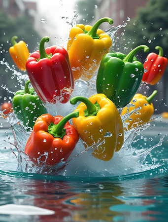 Colorful bell peppers falling into water with splash on the background.の素材