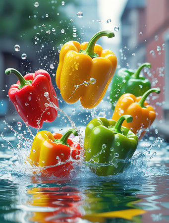 Colorful bell pepper splashing in water on a blurred background.の素材