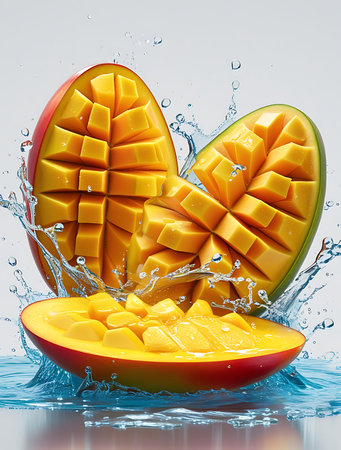 Mango fruit with water splash, 3d rendering. Computer digital drawing.の素材