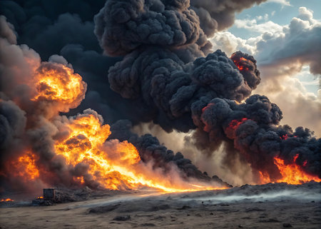 Big fire in the night sky, natural disaster and danger concept.の素材